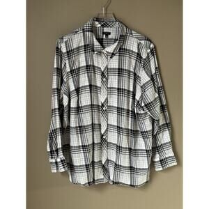 Talbots Plus 3X Blouse Black White Plaid Long Sleeve Cotton Shirt Classic